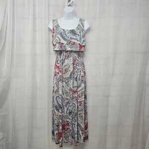 Grisbi Blue Gray Sleeveless Maxi Dress Paisley Boho Layered Festival S